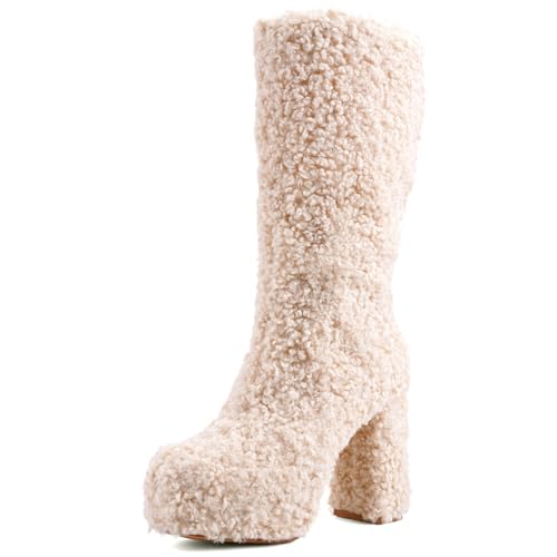JilTrdWei Mid Calf Furry Boots for Women, Fluffy Platform Boots with Chunky High Heel, Warm Faux Fur Winter Fashion Boots with Side Zipper, Statement Teddy Boots for Fall Winter Festivals-beige-9