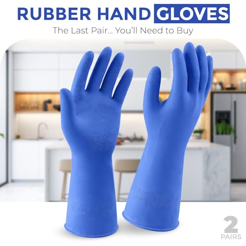 Image of LADWA Premium Rubber Cleaning Gloves, Blue Color Reusable Waterproof Household Gloves for Kitchen Cleaning, Dishwashing, Gardening and Bathroom Use (Pack of 2 Pairs)