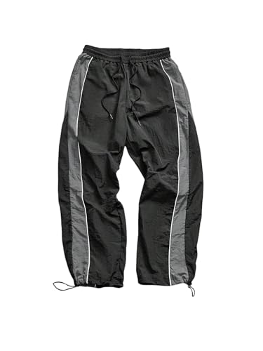 SHENHE Men's Y2k Wide Leg Color Block Baggy Parachute Pants Hip Hop Track Trousers Streetwear Black Small
