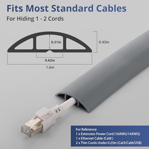 Image of ZhiYo 5.6ft Cord Covers for Wires on Floor, Cord Hider Floor Hide Extension Cords, Soft PVC Cable Cover Cable Protector, Wire Cavity W0.62in H0.31in, Gray