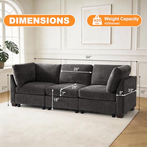Image of TEKAMON 94 inch Modern Sofa Modular Sectional Couch, 3-Seat Chenille Deep Seat Sofa for Living Room, Bedroom and Apartment, Dark Grey