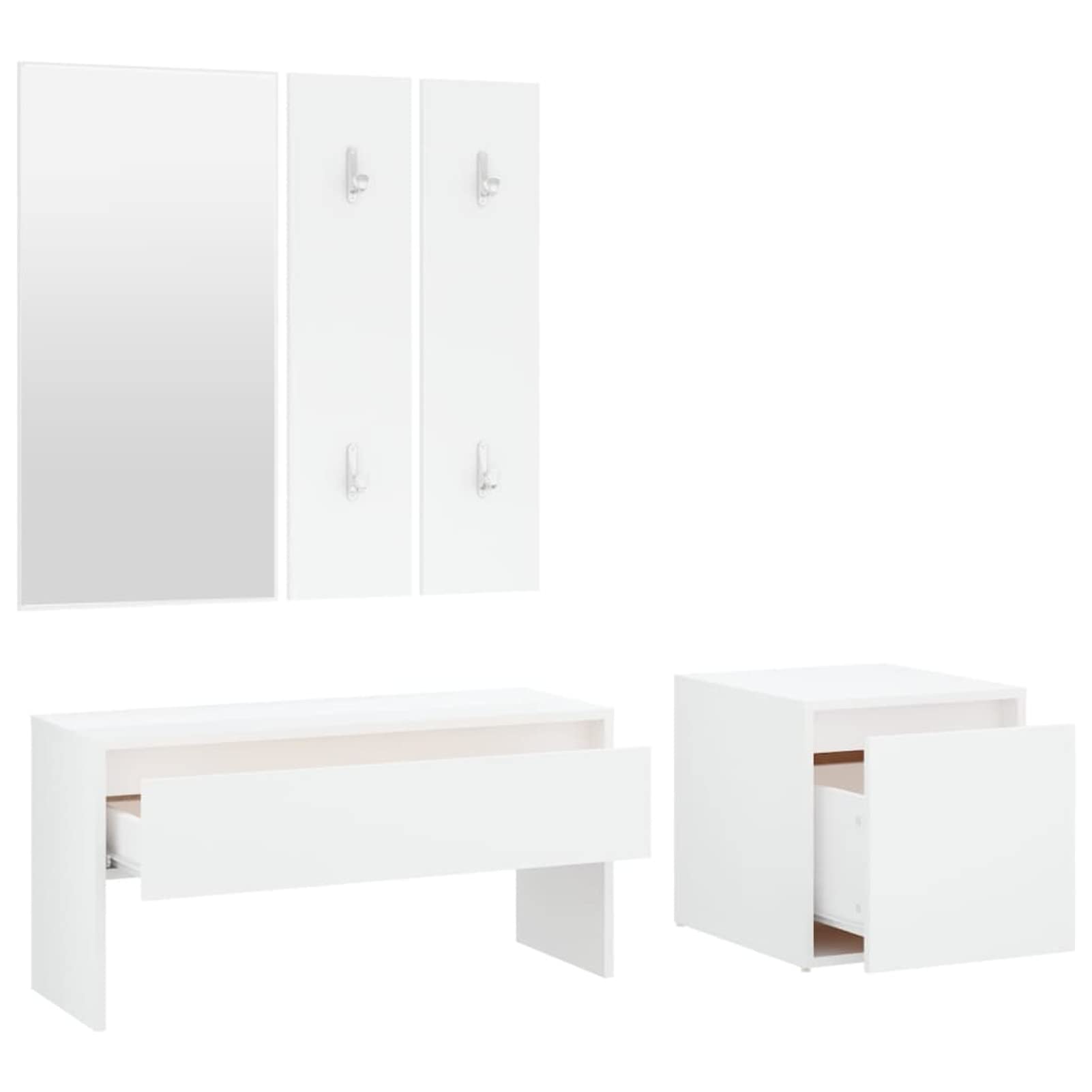Banco de Entrada con Espejo y Perchero - Madera Contrachapada, Blanco, para Decoración y Almacenaje