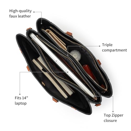 Image of Structured Laptop Tote Bag for Women | Faux Leather Work Bag with 14-Inch Padded Sleeve, 3 Compartments, Zip & Magnetic Closure | Elegant Everyday Tote for Office, College & Commutes