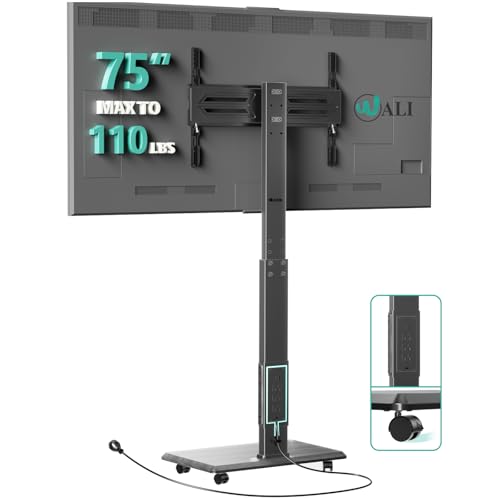 Image of WALI Rolling TV Stand with Power Outlet, Mobile Tall TV Stand Mount on Wheels for 39-75 inch TV up to 110 lbs, Swivel Height Adjustable TV Cart with Wood Base for Bedroom(TVDVD-7PR), Black