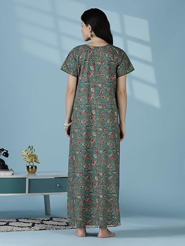 Image of 9shines Label Stylish Pure Cotton Nighty Maxi for Women | Embroidery Neckline Nightgown | A-Line Nightdress with Pocket | Floral Night Gown| Soft Comfortable Cotton Sleepwear (Cotton Yoke)