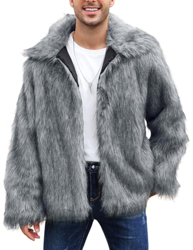 Arssm Mens Luxury Faux Fur Jacket Fluffy Furry Coats Lapel Collar Long Sleeve Outerwear Winter Warm Cardigans