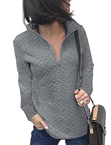 Women Half Zipper Long Sleeve Pullover Quilted Pattern Hoodie Casual Sweatshirt Stand Collar Tops with Pocket Grey L