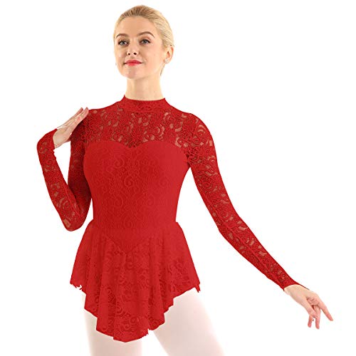 Acsuss Women's Turtle Neck Lace Figure Ice Skating Roller Skating Ballet Dance Leotard Dress Costume Red Small #TOP2