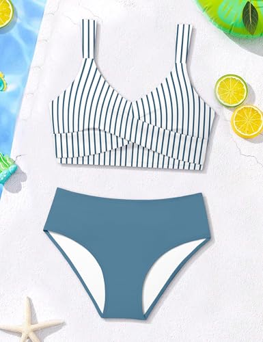 Image of Teen Girls Swimsuits V-Neck Bikini Set Bathing Suits Cross Straps Two Piece Swimwear with Drawstring