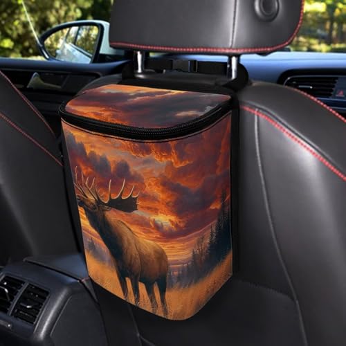 Image of Talayituse Forest Elk Cloud Print Car Trash Can with Lid, Leak Proof Auto Trash Bag Hanging Vehicle Garbage Can Multipurpose Storage Container for Back Seat Road Trip