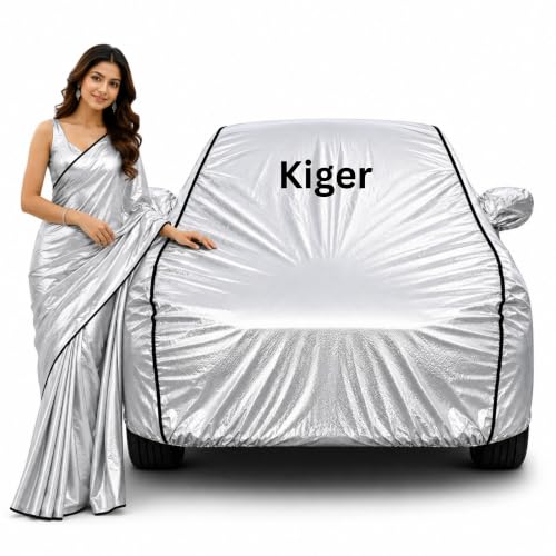 Image of 100% Waterproof Car Cover for Kiger All Weather Protection with Mirror Pocket Inner Cotton Layer Triple Stitched Cover with Adjustable Belt Bottom Elastic to Secure Fit-Silver