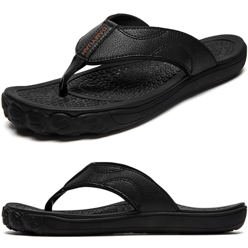Damyuan Mens Flip Flops Leather Thong Sandals Indoor and Outdoor Beach Slippers Shower Shoes with Arch Support