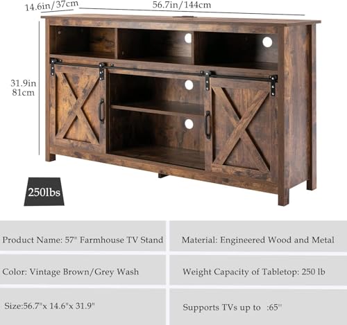 Vinctik 6&Fox 57In Wooden Farmhouse Entertainment Center for 60/65 inch TV,Double Layer Storage Farmhouse TV Stand,Double-Row Sockets with Wood Sliding Barn Door TV Stand(Double Layer Vintage Brown) - Image 8