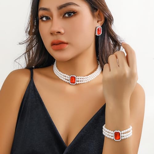 Juego de joyas rojo y verde para mujer con collar de perlas y pulsera elegante 2
