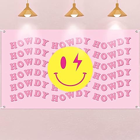 PANTIDE Preppy Cowgirl Room Decor Party Banner Aesthetic Pink Howdy Happy Face Tapestry Backdrop Modern Preppy Photography Background for Teen Girl Bedroom College Dorm Wall Hanging Props Photo Booth Cover