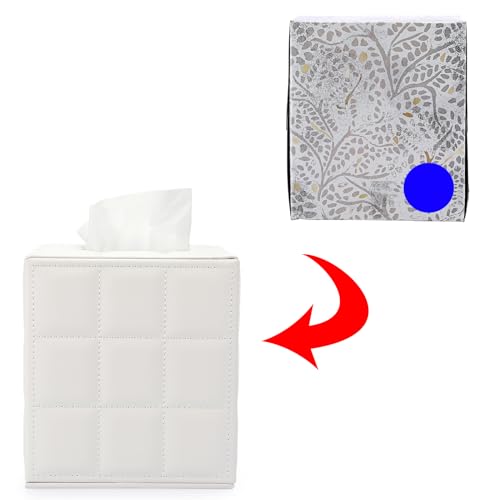 Image of Sumnacon PU Leather Tissue Box Holder, Square Napkin Holder Pumping Paper Case Dispenser, Facial Tissue Holder with Magnetic Bottom for Home Office Car Automotive Decoration, Grid White