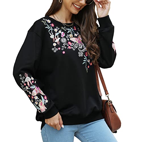 Lauraklein Womens Boho Embroidered Tops Floral Sweatshirts Long Sleeve Casual Pullover Loose Mexican Hooded Blouse (As1, Alpha, S, Regular, Regular, 526-Black) #TOP2