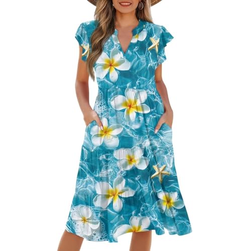 Image of Women's Casual Ruffle Sleeve Dress V Neck Pullover Dress Flowy A-Line Pleated Lightweight Dress with Pockets