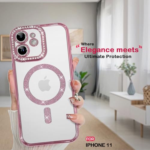 Image of AESTMO Back Cover for iPhone 11 Compatible with MagSafe | Diamond Glitter Case | Luxury Bling Rhinestone Soft Clear TPU Bumper | Camera Lens Protection Cover for iPhone 11 (Pink)