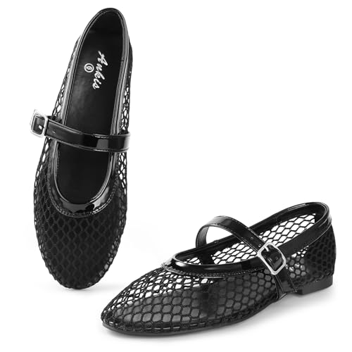 Ankis Mesh Ballet Flats for Women, Black Mesh Flats Buckle Strap Mary Jane Ballerina Flats Women's Fishnet Flat Sandals Shoes for Dressy Summer