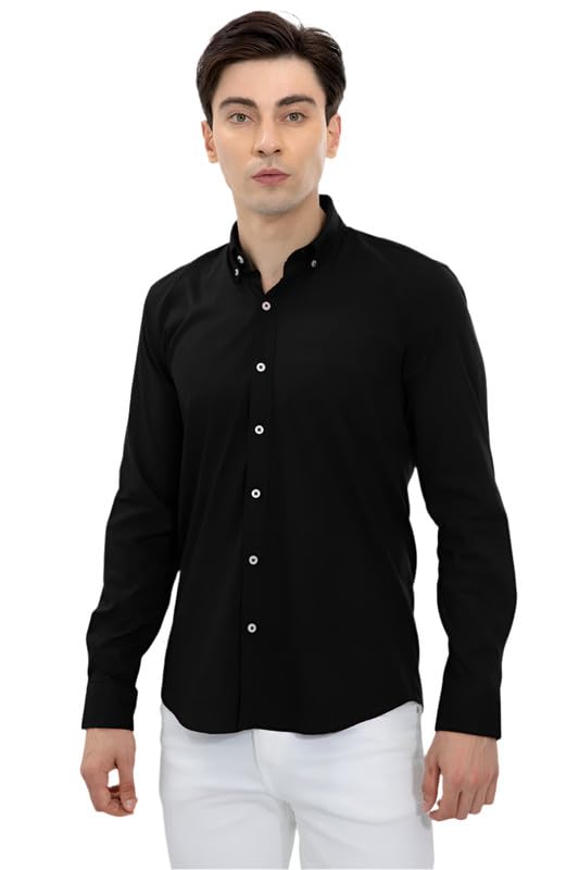 Image of SNITCH Men's Casual Shirt | Slim Fit Full Sleeve Button-Down Collar Solid Pattern | Premium Cotton & Breathable Fabric for College & Everyday Wear | Black