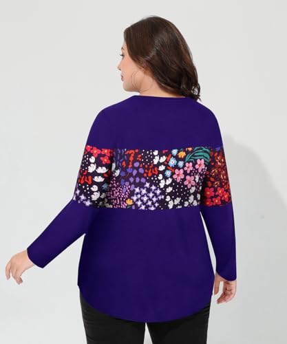 Image of CARCOS Plus Size Tops for Women Color Block Flower /Striped /Camo Crew Neck Long Sleeve Tee Shirt