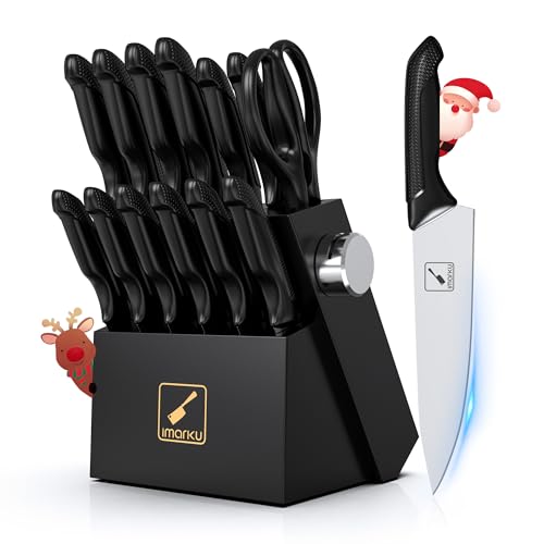imarku Messerblock mit Messer, 14-TLG Messerset mit Block und Schärfer, Messer Set aus Japanisches Edelstahl mit Ergonomischen Anti-Rutschfester Griff, Schwarz Geschenk für Weihnachten