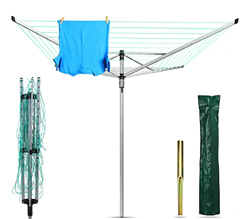 PaMeer Heavy Duty Rotary Washing Line 50m - Outdoor Whirlygig Umbrella Dryer, Silver & Grey Foldable With Ground Spikes & Cover