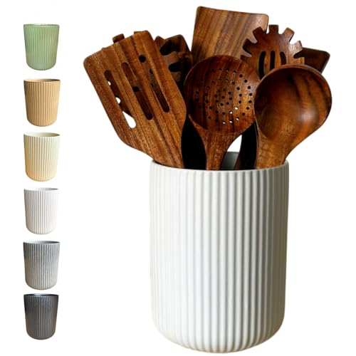 Rhobtyne Large Stoneware Kitchen Utensil Holder for Kitchen Counter & Countertop Cooking Utensil Holder Spatula Holder Utensil Crock for Kitchen Counter Vertical Ribbed Fluted Stripe (Matte White)