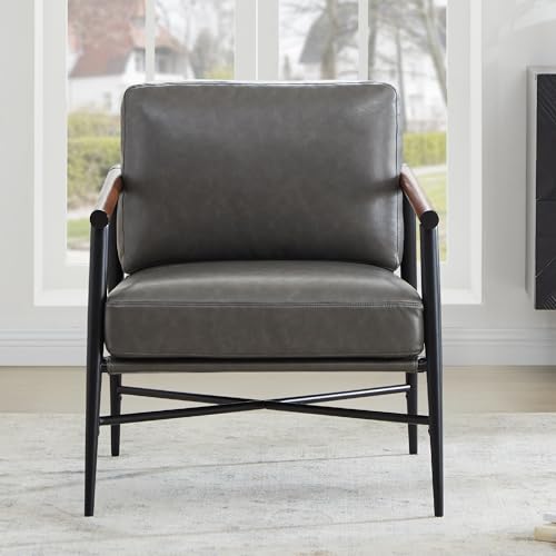 Image of Watson & Whitely Accent Chairs Set of 2, Mid Century Arm Chair for Living Room Bedroom, Modern Reading Chair Upholstered Lounge Armchair with Metal Frame & Wooden Armrests, Faux Leather in Grey