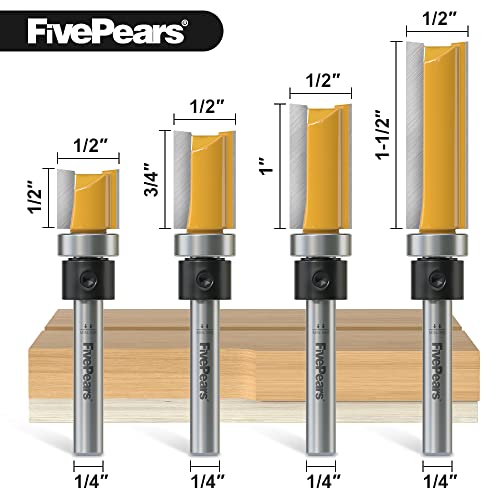 Fivepears 4 Pcs Pattern Flush Trim Router Bit Set 1/4 Inch Shank, Top Bearing Flush Cut Trim Router Bit For Woodworking, Cutting Diameter: 1/2", Cutting Length: 1/2", 3/4", 1", 1-1/2" #TOP1