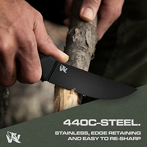 Odenwolf W-Flat Full Tang Survival Knife With Sheath - Stylish Tactical Fixed Blade Knife - Made Of 440C Steel - Bushcraft And Camping Knife Survival - Perfect Edc Hunting Knife With Tpe Handle #TOP1