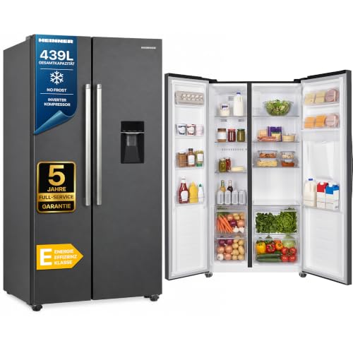 HEINNER Side-by-Side Kühlschrank 439 L – Total No Frost, Inverter-Kompressor, Wasserspender – amerikanischer Kühlschrank mit Doppeltür, Dunkelgrau, Energieeffizienzklasse E – HSBS-HM439NFINVDGWDE
