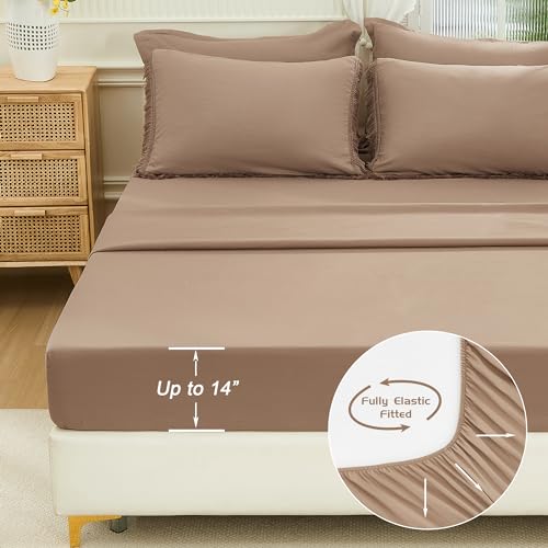 Image of Andency Taupe Full Size Comforter Set with Sheets - 7 Pieces Boho Tassel Bed in a Bag Soft Lightweight Bedding Sets, Taupe Fringe Bed Set with Comforter, Sheets, Pillowcases & Shams