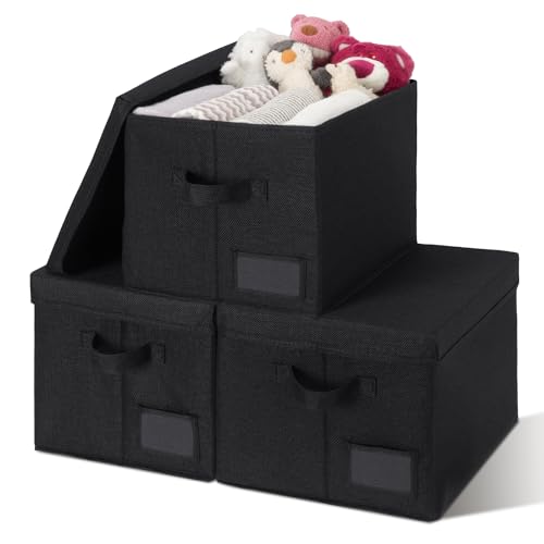 Image of GRANNY SAYS Storage Bins with Lids, Storage Bins for Linen Closet Shelves, Decorative Storage Boxes with Label, Clothes Storage and Organization for Organizing, 3-Pack, Large, Black