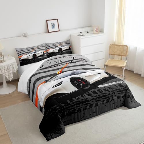 Image of Feelyou Black White Race car Airplane Comforter Set Speed Sports Car Bedding Set for Kids Teens Racing Car Comforter Extreme Sports Duvet Set Decor Quilt 2Pcs Twin Size Boys