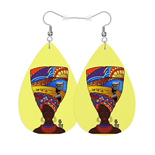 African Woman Woman Earrings, Beautiful African Woman Portrait Lightweight Leather Dangle Teardrop Earrings Jewelry For Ladies Friends