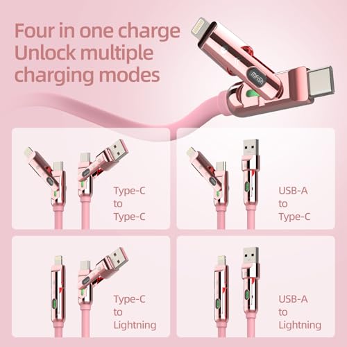 Image of MFish 4 in 1 Charging Cable, 240W Max Fast Charger Cord 6.6FT with Carrying Case, Silicone USB A /C to Lightning /C with Light, Multi Universal Cable for iPhone 17 /16 /MacBook /iPad /Laptop /Carplay, Pink