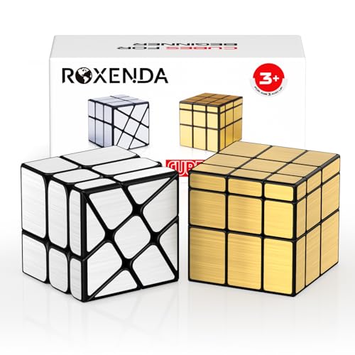 ROXENDA Speed Cube Ensemble de 2 Gold Mirror S Cube, Silver Windmirror Cube, Irrégulier Speedcubing 3x3x3 Twisty Box Puzzle