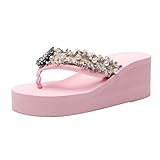 Deloito Damen Blumen Pantoletten Wedges Sandalen Bohemien Stil Flip Flops Mädchen Einfarbig Strasssteine Perle Hausschuhe Strandschuhe (Rosa,39 EU)