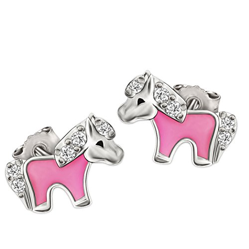 Clever Schmuck mini boucles d'oreille en argent 925 / petit poney 8 x 5 mm partie rose laquée avec plusieurs zirkonias brillant Cover