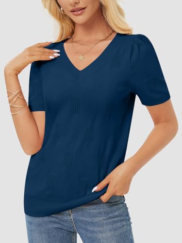 Image of ATHMILE Summer Tops for Women 2025 Short Sleeve V Neck Sweaters Dressy Casual Blouses Lightweight Thin Knit Fashion Shirts