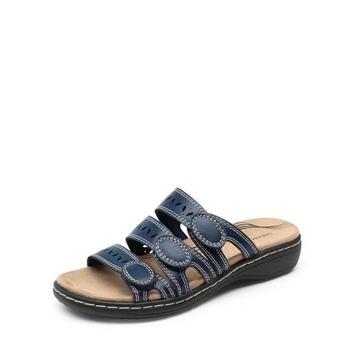 DREAM PAIRS Women's Slide Sandals Comfortable Arch Support Casual Walking Sandals Adjustable Straps Slip On Low Wedge Flat Sandals 8.5 Navy