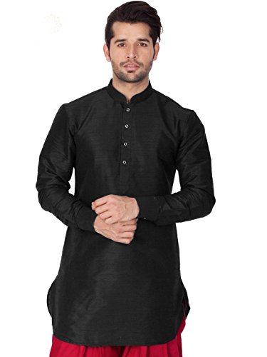 Image of Vastramay Men's Gold Curved Shape Pathani Style Silk Cotton Kurta - Mid-Length with Buttoned Cuff, Soft & Comfortable Ethnic Wear