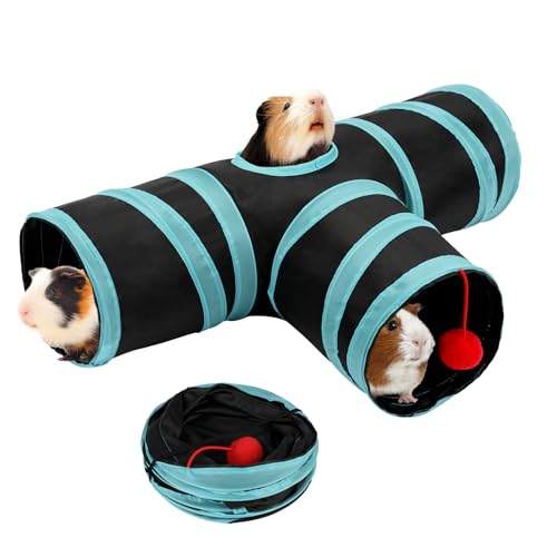 Rypet Guinea Pig Tunnel 3 Way Collapsible Rabbit Tunnel Small Pet Tunnels and Tubes with Interactive Ball for Rabbit Ferret Hamster Chinchilla Hedgehog Hiding and Resting