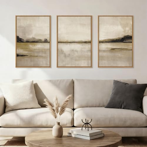 Image of KAIRNE Neutral Abstrcat Landscape Framed Canvas Wall Art Set, Retro Mountain Lake Wall Decor, Vintage Tan Scenery Art Prints, Modern Nature Artwork for Living Room,Bedroom,Farmhouse,Office-16 x24 x3