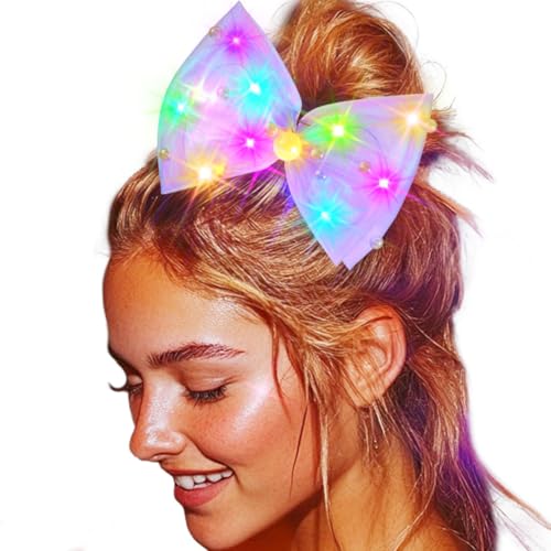 JEAIRTS Light Up Hair Bow Clip Glow LED Birthday Bow Accessories for Women(1-Pink)