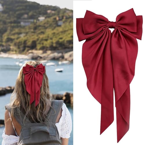 LECTNORE Red Hair Bow - Large Bowknot Hair Clip for Women, Satin Silky Ribbons with Long Tail, French Barrette Hair Accessory for Girls Ponytail Holder