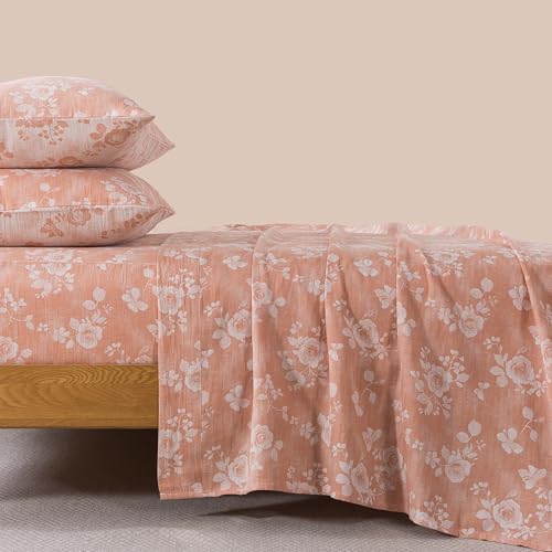 Image of FADFAY Queen Sheets Set 100% Cotton Washed Double Gauze Muslin Bedding 4Pcs Vintage Coral Rose Floral Sheets Shabby Farmhouse Bedding Luxury Super Soft Breathable Deep Pocket Fitted Sheet, Queen Size