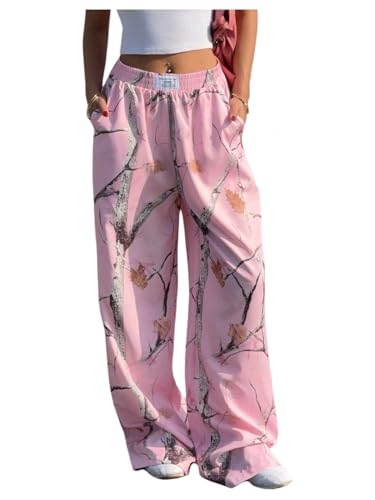 Women's Plus Size Camo Branch Print Baggy Pants Elastic Waist Wide Leg Sweatpants Causal Trousers with Pockets